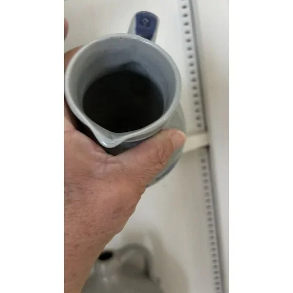 Vintage Salt Glaze Pottery Pitcher Jug 6.5" Antique Blue Paint Floral Primitive - Picture 2 of 4